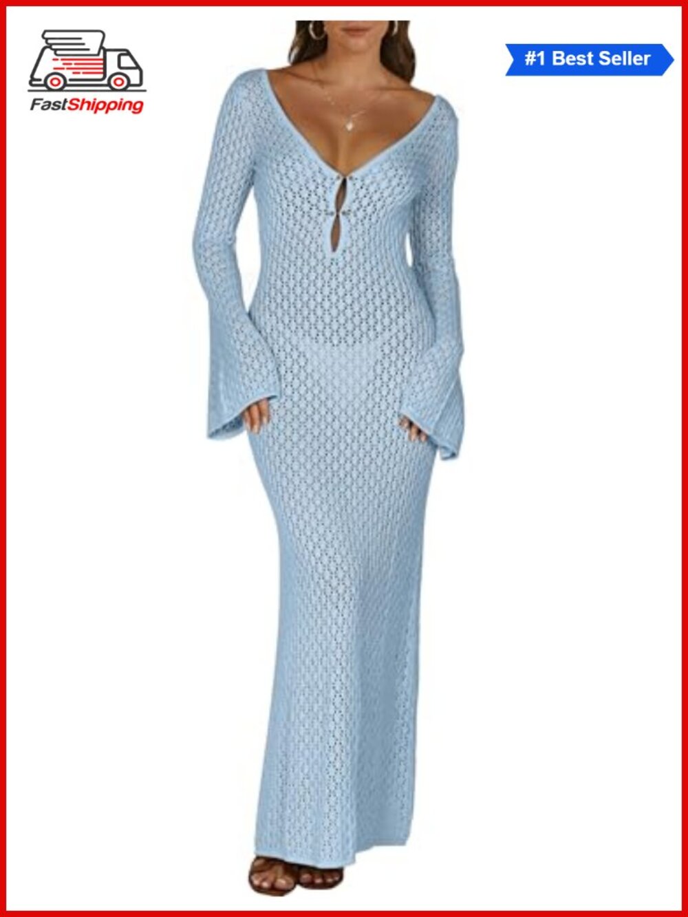 โจ Crochet Swimsuit Coverup Bathing Suit Beach Maxi Dress V Neck Hollow Out